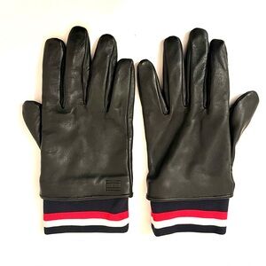 Tommy Hilfiger Black Leather Gloves Rib Knit Cuff Size M